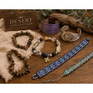 Desert Collection Boho Jewelry Lot Gemstone Tiger Eye Cuffs Beaded Bracelets 7